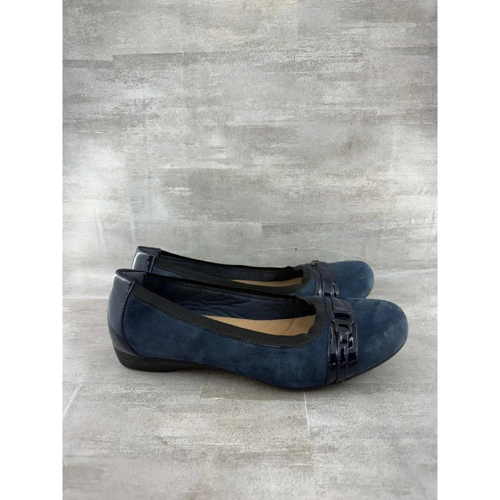 Clarks Collection Navy Blue Suede Patent Buckle Ballet Flats Women Sz 9.5 M